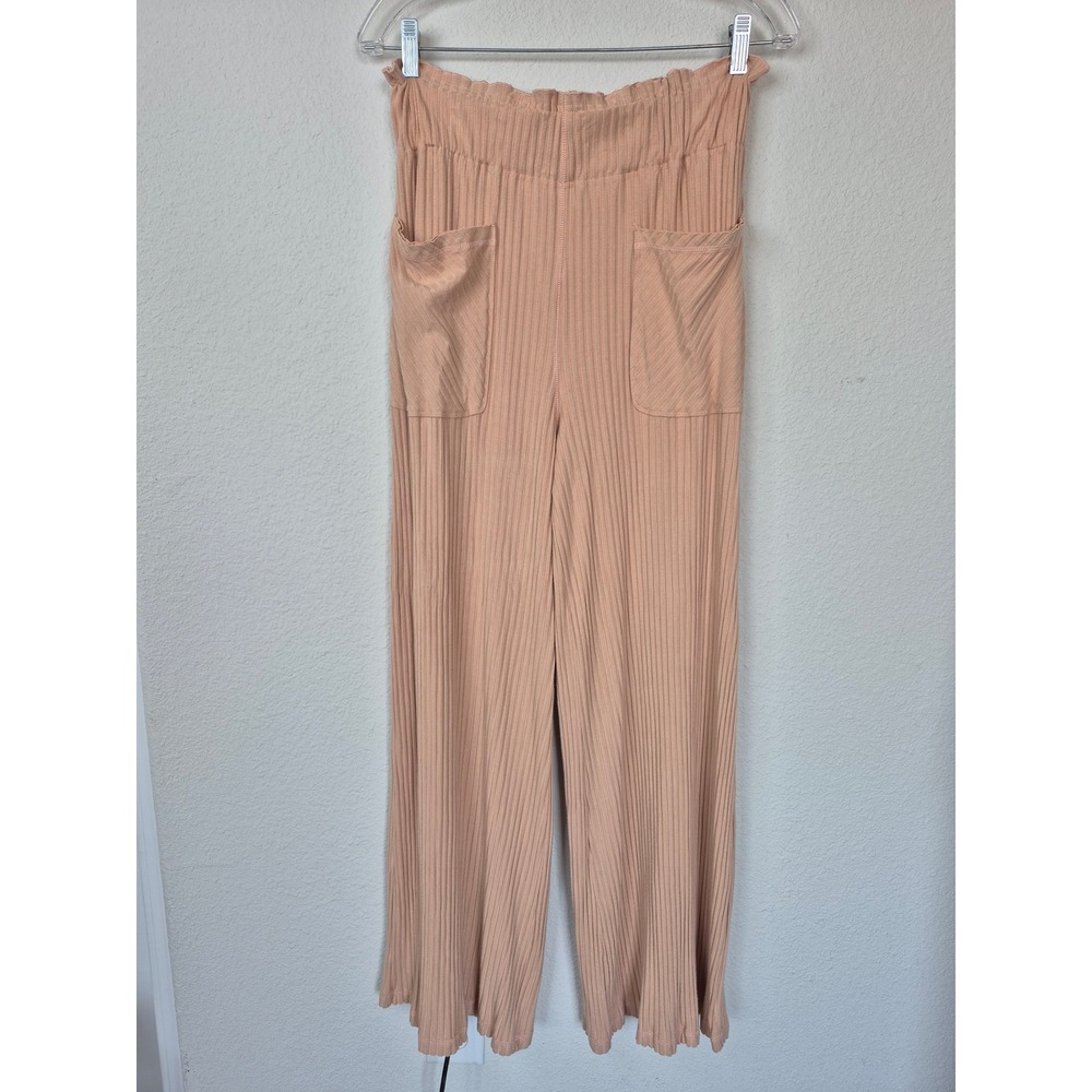 Free People Blissed Out Ribbed Wide Leg Pants Peach Smocked Waist Size Small